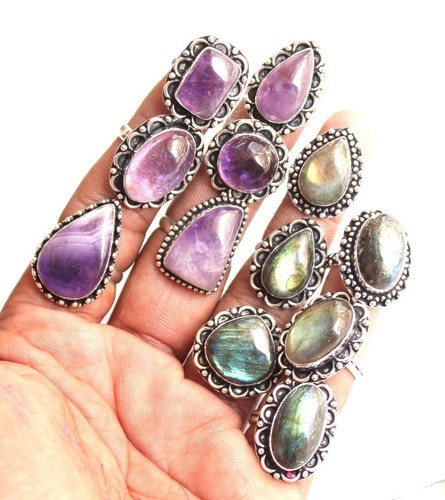 Lote de anillos de plata esterlina 925 genuinos de amatista y labradorita NaturaL ~ Regálalala ~ - Imagen 2 de 3