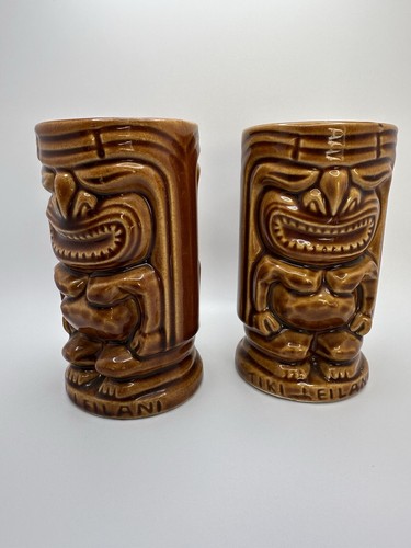 Pair Of Tiki Leilani Hawaiian Mugs Glasses 5 inch NB3 - Picture 5 of 7
