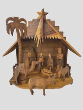Vintage 10-Piece Nativity Set Hand Carved Bethlehem Olive Wood (?) with Stable