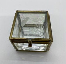 Vintage Glass Brass Mirrored Small Jewelry Trinket Box Square with Bird