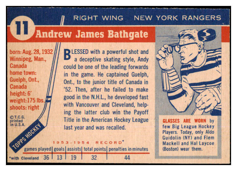 1954 TOPPS 11 ANDY BATHGATE RANGERS NRMT SET BREAK 486634 (KYCARDS