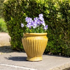 Primrose Rib Textured Glazed Terracotta Round Planter In Gloss Yellow