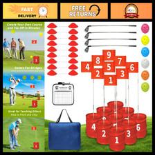 Golf Bucket Yard Game Set - 4 Clubs, 9 Holes, Balls Flag - Outdoor Chipping Fu