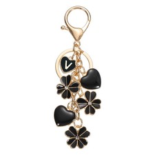 Flower Initial Keychain, Cute Key Chains Flower Purse for Women, Black Letter V