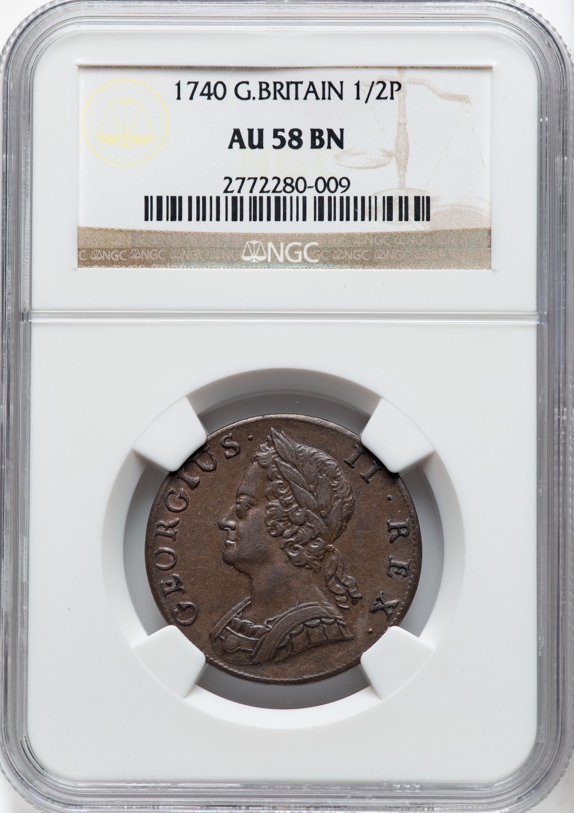 England - 1740 George II 1/2 Penny - NGC AU 58 BN - PQ WITH CLAIMS TO UNC STATUS