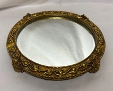 Large Baroque Beveled Mirror Vanity Tray Gold Gilt Molded Frame Footed 17" RAZ