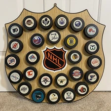 Vintage In Glasco 26 NHL Hockey Puck Shield Wooden Plaque Bar Sign Man Cave