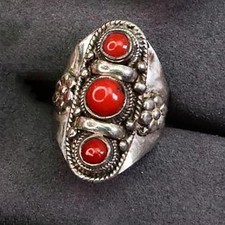 Nepalese Enamel Ring Red Glaze Handmade Vintage Ethnic Adjustable Jewelry