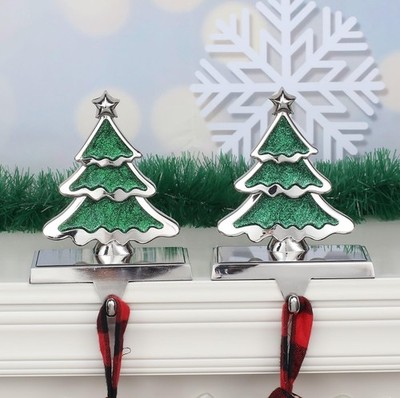 Christmas Tree Stocking Holders for Mantle, 2pcs Green Xmas Tree Stocking Han...