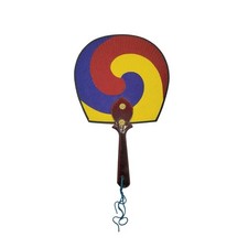 Traditional Style Korean Silk Paddle/Hand Fan Wood Handle Red Blue Yellow Swirl