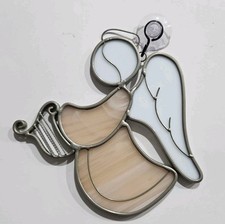 Vtg Stained Glass Angel with Harp Sun Catcher 6" Long