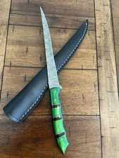 CUSTOM HANDMADE DAMASCUS WOOD HANDLE FLEXIBLE FILLET KNIFE WITH LEATHER SHEATH