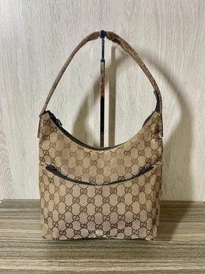 GUCCI GG Canvas Beige Leder Designer Handtasche Beuteltasche Schultertasche 2...