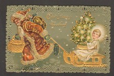 1908 DIE CUT, DECKLE EDGE, CHRISTMAS PC, SANTA CLAUS PULLING JESUS IN SLED-GOLD