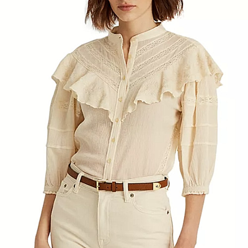 Lauren frill tops × 1 beige / F Ralph Lauren Ruffle Overlay Top Women's Size XL Beige Short