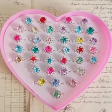 12Pcs Adjustable Kids Crystal Rings Set Colorful Heart Star Square Girls Jewelry