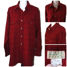 Vtg 50's Deer Creek Wool Shirt Men's 17 XL Dark red black Plaid Flap Pockets USA