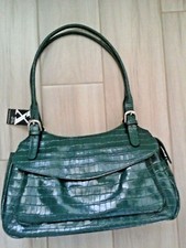 Maxx Ny Dark Green Croc Embossed Leather Shoulder Satchel Handbag Size 8x13x4