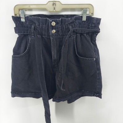 zara denim shorts women size black paper bag high Rise belted