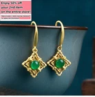 Green Jade Drop Dangle Earrings Hollow-carved Gemstone Ear Hook 18K Gold Plated