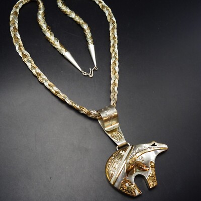 BRAIDED LIQUID SILVER Necklace with SPIRIT BEAR Pendant 925 and Gold Overlay
