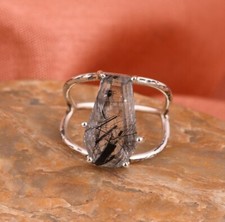 Coffin Shape Black Rutile Gemstone 925 Sterling Silver Rings For Wedding Gift