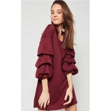 MNG Womans Shirt Dress Med Mini Burgandy Ruffled Balloon Sleeve