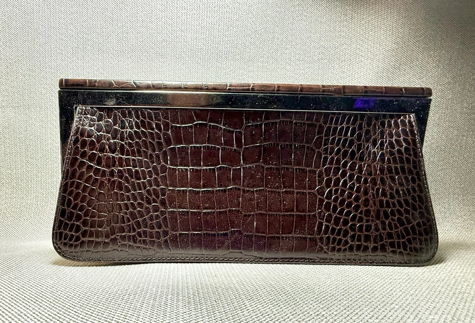 ANTONIO MELANI Crocodile Flip Frame Snap Clutch Bag Brown Foto 2 de 4