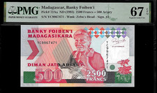 Madagascar 2500 Francs = 500 Ariary 1993 PMG 67 EPQ UNC P#72Aa Banky Foiben i