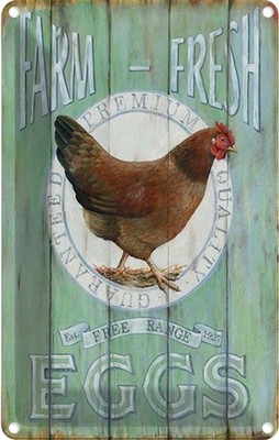 Blechschild 18x12 cm Huhn Farm fresh Eggs free range Deko Geschenk Metall Schild