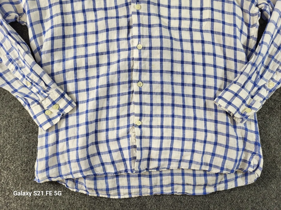 Peter Millar 100% Linen Shirt Mens M Blue/Wh Plaid Button Up Long Sleeve - Image 3 of 4