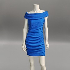 Quiz Off Shoulder Bodycon Dress Blue Ruched Midi UK 12 Evening Party 198