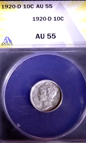 1920-D MERCURY DIME 10C , ANACS AU 55