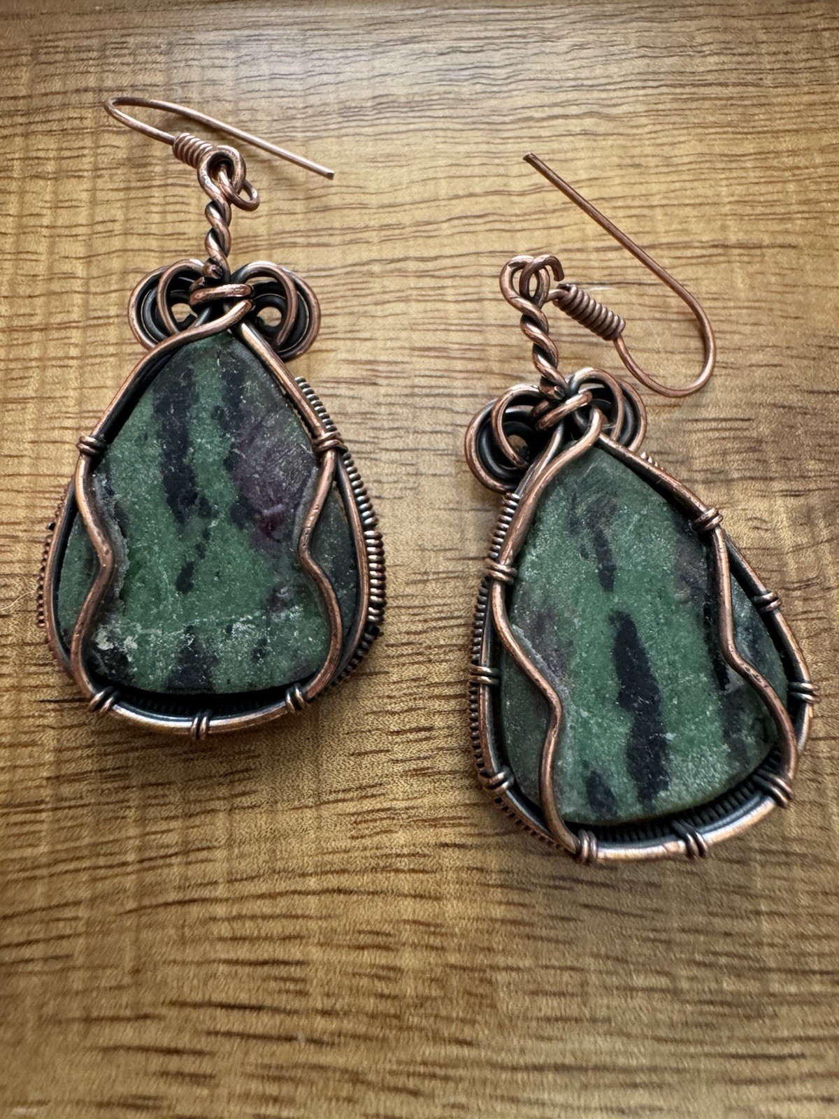 Ruby Zoisite Gemstone Copper Wire Drop Dangle Ear… - image 2