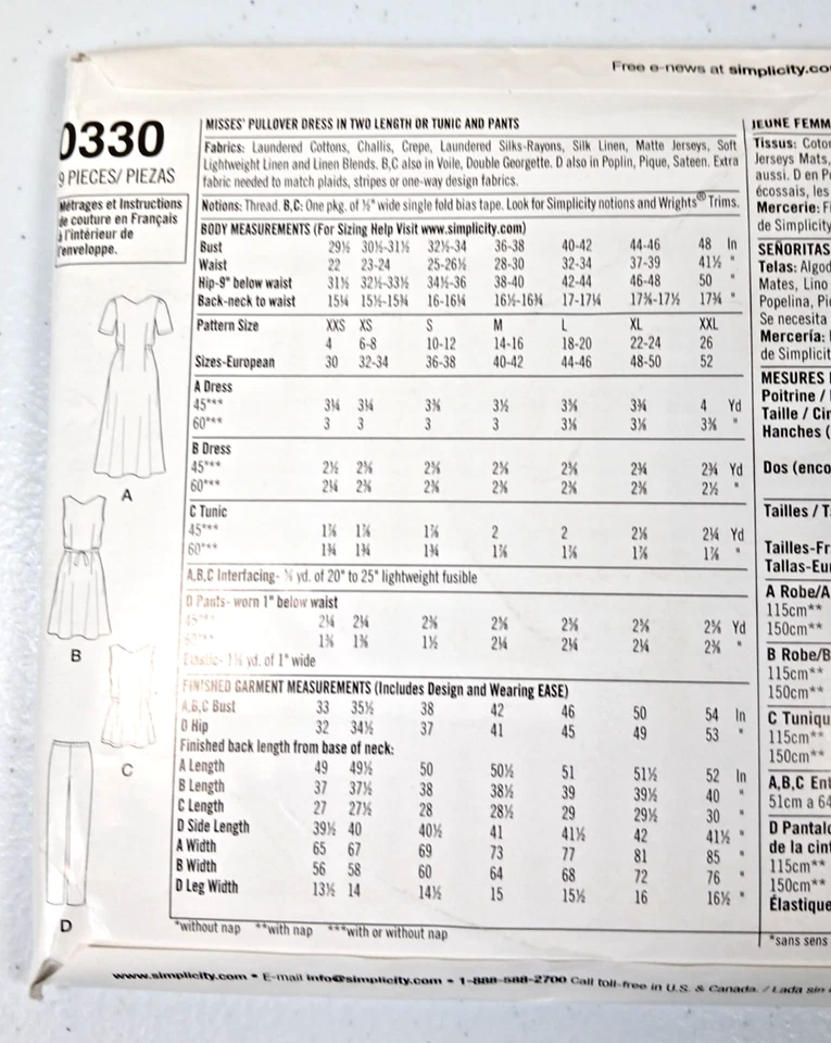 Simplicity Summer Pattern 0330 Miss Pullover Dresses Or Tunic & Pants Sz 4 To 26 - Image 3 of 3