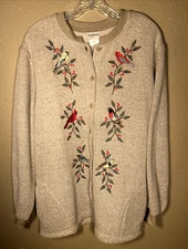 Bon Worth Vtg Embroidery Birds Cardigan Sweater Button Pockets Cotton Blend 10-0