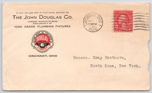 1926 John Douglas Co High Grade Plumbing Fixtures Cincinnati OH Postal Cover