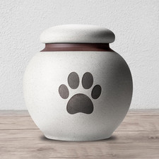Small Pet Urn for Ashes - Gray-White Ceramic Paw Design Keepsake, Cloth-Lined P