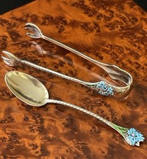 19C Gorham Sterling Silver Forget-Me-Not #808 Sugar Tea Tongs Spoon Set American