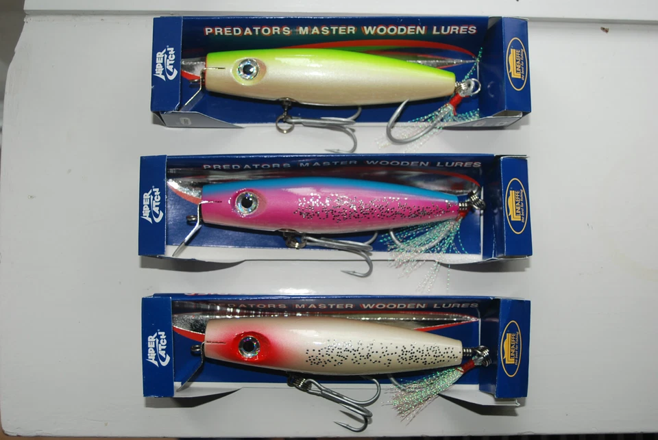 3 X Wobbler Popper Wood Hard Lure Big Game Wels Hecht Drillinge 4/0- 7/0 60gr