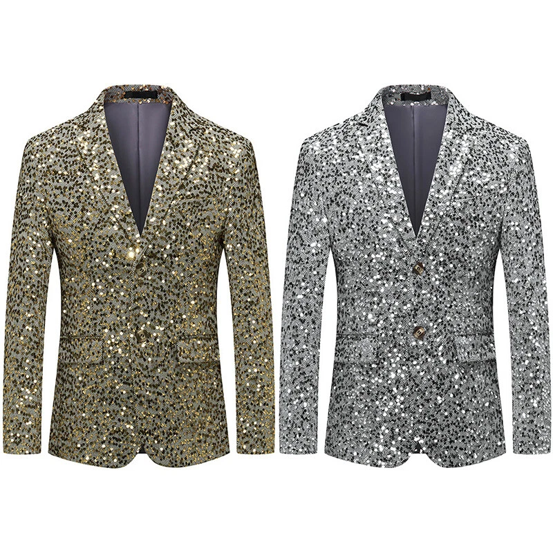 Men Shiny Sequin Suit Blazer Dress Jacket Dinner Party Prom Coat