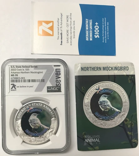 2022 Cook Islands $5 1oz .999 Silver - Arkansas Northern Mockingbird - NGC MS70
