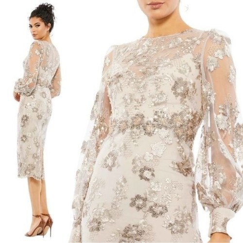Mac Duggal 67862 Midi Dress Size 10 Embellished High Neck Illusion Long Sleeves