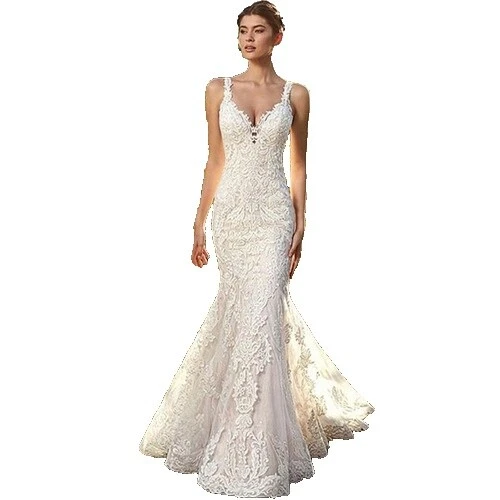 Fruncido encaje sirena y vestidos de novia de Trompeta