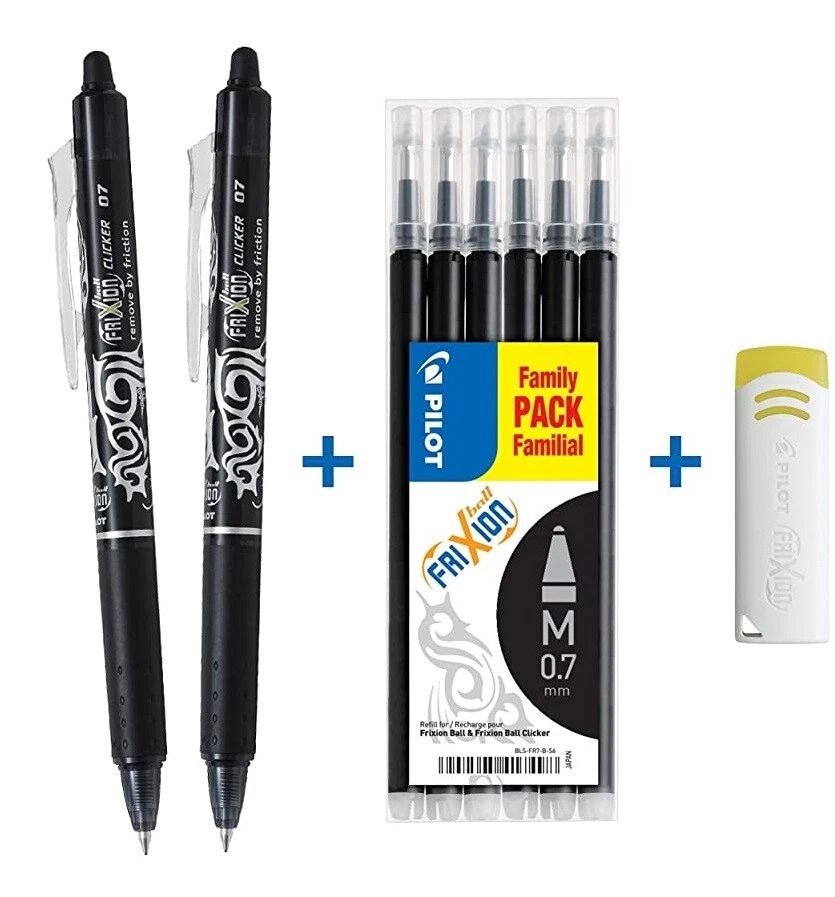 Lot de 2 stylos CLICKER + 1 set 6 recharges + 1 gomme PILOT FRIXION 07 NOIR - Photo 1/1