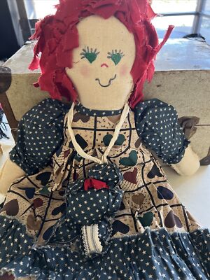 21” Vintage Rag Doll Raggedy Ann-Like Doll Handmade Clothing Art Doll