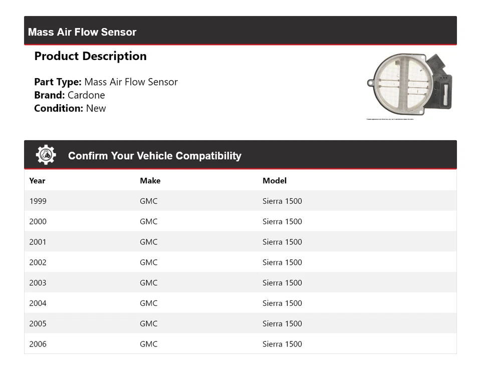 Sensor de flujo de aire masivo Cardone 2000 2001 2002 2003 GMC Sierra 1500 1999-2006 Foto 2 de 4