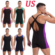 Mens Rash Guard Wrestling Singlet Bodysuit Sportwear Jumpsuit Leotard Beachwear