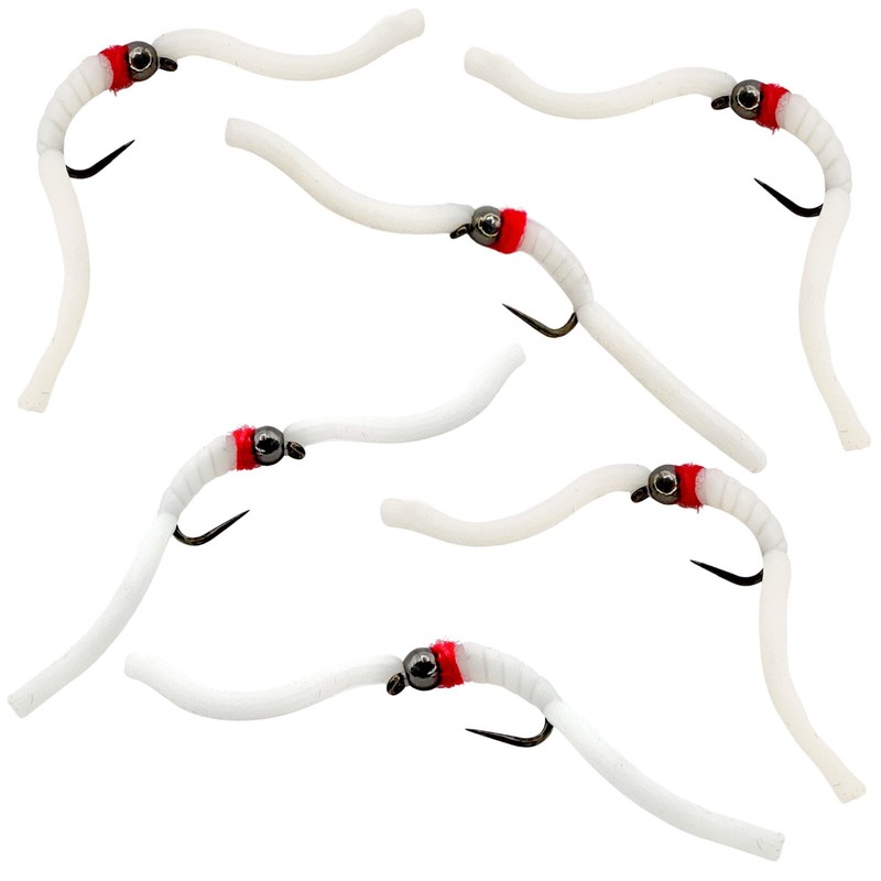 Squirmy Wormy 6 Pc Set, White, Size #14 - Barbless Wet Worm Fly Fishing Flies A