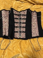 BLACK PINK LEOPARD PRINT BUCKLES CHAINS ZIPPER BONED WAIST TRAINER CORSET 34